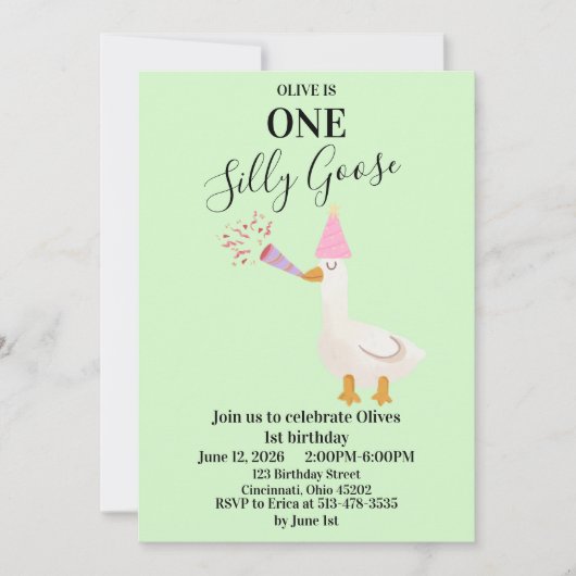One Silly Goose Groen Uitnodiging 1e Verjaardag  (Voorkant)