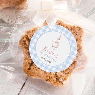 One Silly Goose Meisjes 1e Verjaardag Blauwe Gingh Ronde Sticker