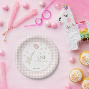 One Silly Goose Meisjes 1e Verjaardag Roze Gingham Papieren Bordje