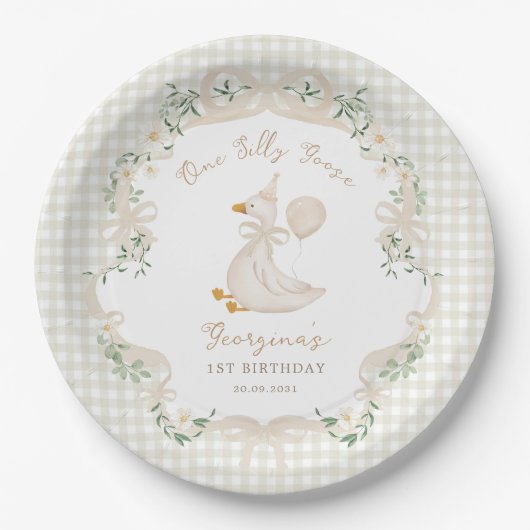One Silly Goose Neutral Bow Gingham 1st Birthday Papieren Bordje (Voorkant)