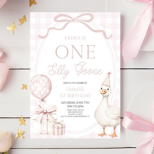 ONE Silly Goose Pink 1st Birthday Party Kaart