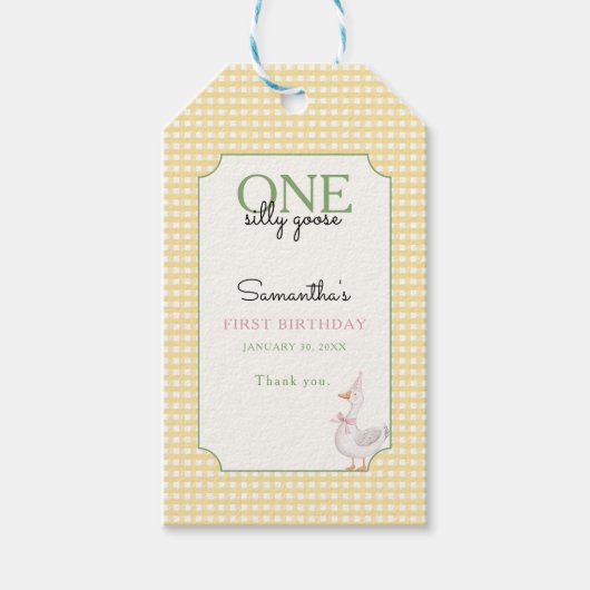 One Silly Goose Pink and Gingham 1st Birthday Cadeaulabel (Voorkant)