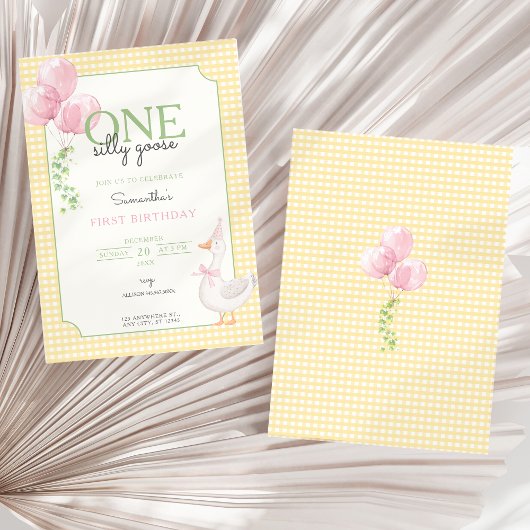 One Silly Goose Pink and Gingham 1st Birthday Kaart