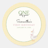 One Silly Goose Pink and Gingham 1st Birthday Ronde Sticker (Voorkant)