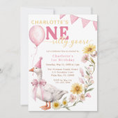 One Silly Goose Pink Bow 1st Birthday Invitation Kaart (Voorkant)