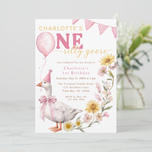 One Silly Goose Pink Bow 1st Birthday Invitation Kaart (Staand voorkant)