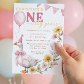 One Silly Goose Pink Bow 1st Birthday Invitation Kaart