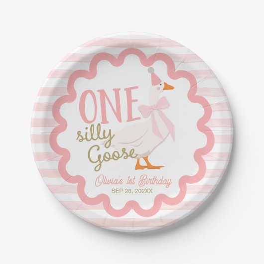 One Silly Goose Pink Bow 1st Birthday Papieren Bordje (Voorkant)
