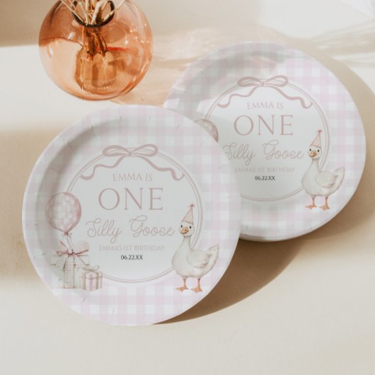ONE Silly Goose Pink Bow 1st Birthday Party Papieren Bordje