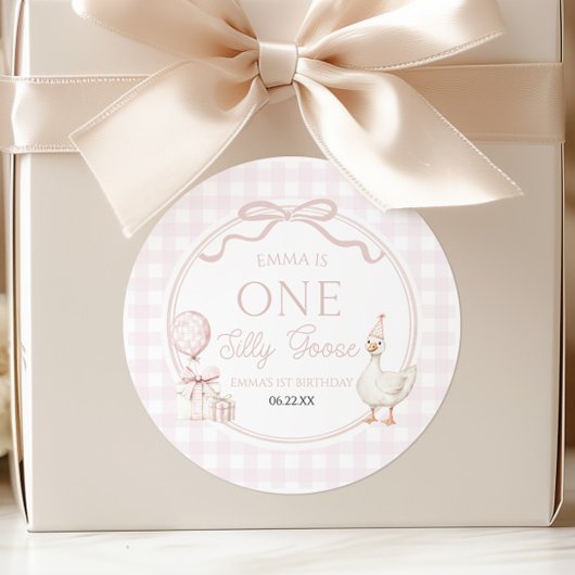 ONE Silly Goose Pink Bow 1st Birthday Party Ronde Sticker