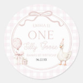 ONE Silly Goose Pink Bow 1st Birthday Party Ronde Sticker (Voorkant)