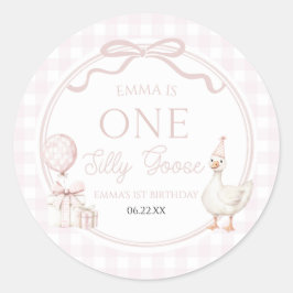 ONE Silly Goose Pink Bow 1st Birthday Party Ronde Sticker
