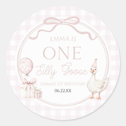 ONE Silly Goose Pink Bow 1st Birthday Party Ronde Sticker (Voorkant)