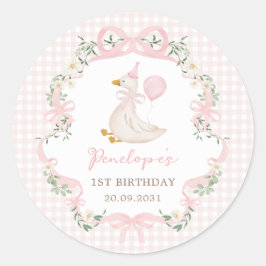 One Silly Goose Pink Bow Balloon Girl Birthday Ronde Sticker