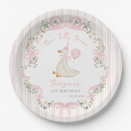 One Silly Goose Pink Bow Floral 1st Birthday Papieren Bordje (Voorkant)