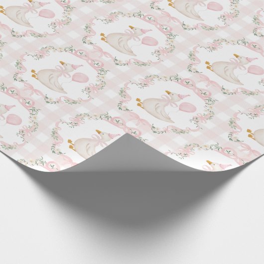 One Silly Goose Pink Bow Gingham Birthday Cadeaupapier (Hoek)