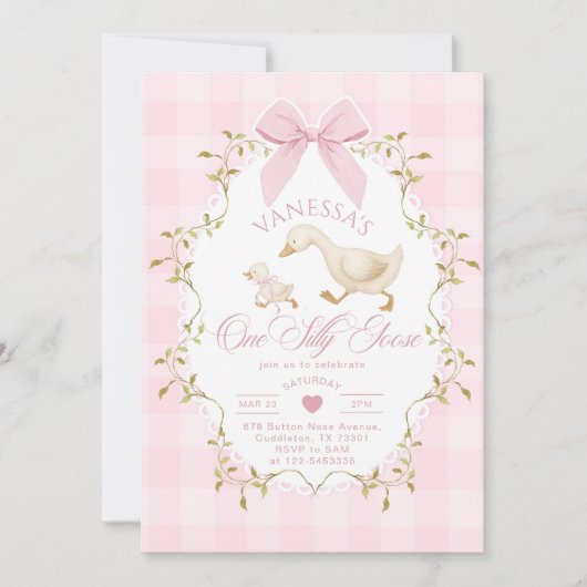 One Silly Goose Pink Bow Girl 1st Birthday Kaart (Voorkant)