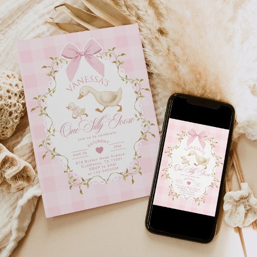 One Silly Goose Pink Bow Girl 1st Birthday Kaart