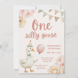 One Silly Goose Pink Floral 1st Birthday  Kaart