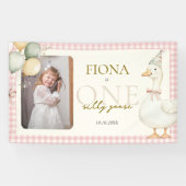 One Silly Goose Pink Gingham 1st Birthday Photo Spandoek (Horizontaal)