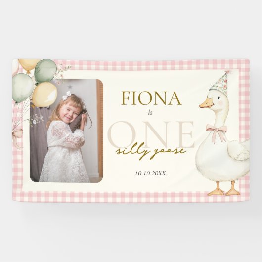 One Silly Goose Pink Gingham 1st Birthday Photo Spandoek (Horizontaal)