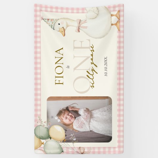 One Silly Goose Pink Gingham 1st Birthday Photo Spandoek (Verticaal)