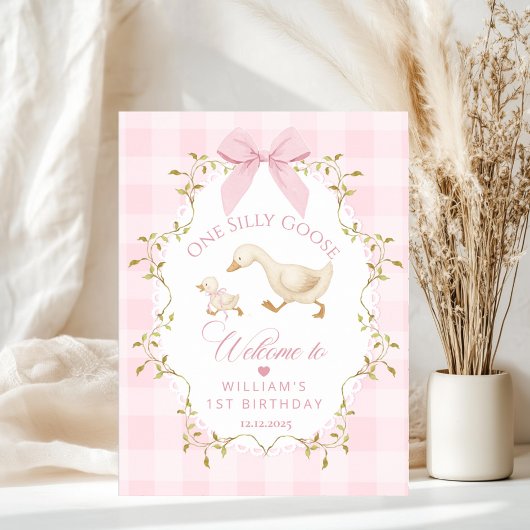 One Silly Goose Pink Gingham 1st Birthday Welcome Poster