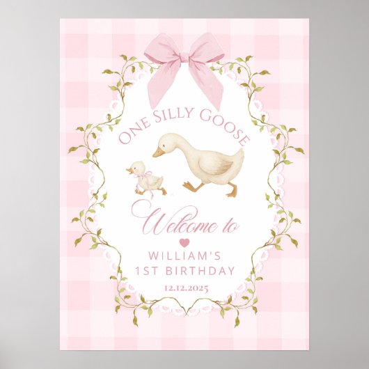 One Silly Goose Pink Gingham 1st Birthday Welcome Poster (Voorkant)