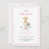 One Silly Goose Pink Gingham Girl First Birthday Kaart (Voorkant)