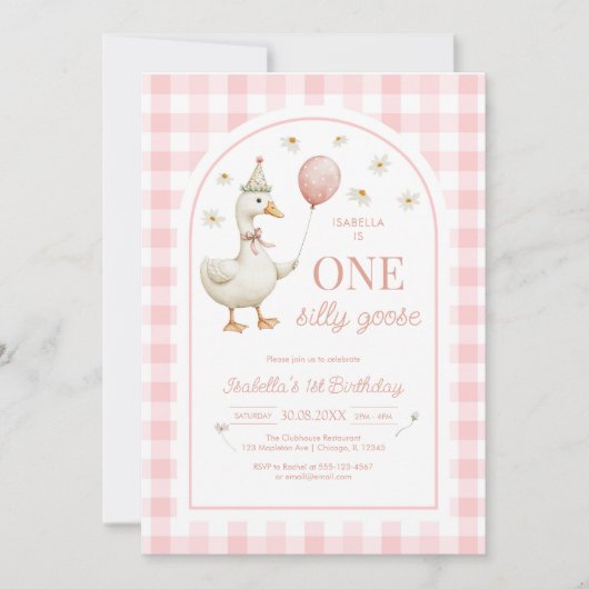 One Silly Goose Pink Girl 1st Birthday Invitation Kaart (Voorkant)