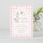 One Silly Goose Pink Girl 1st Birthday Invitation Kaart (Staand voorkant)