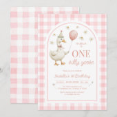 One Silly Goose Pink Girl 1st Birthday Invitation Kaart (Voorkant / Achterkant)