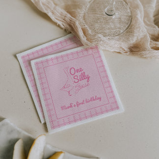 One Silly Goose Pink Hand Drawn Girl 1st Birthday  Servet