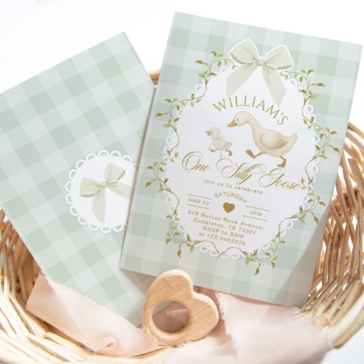 One Silly Goose Pistachio Gingham 1st Birthday Kaart