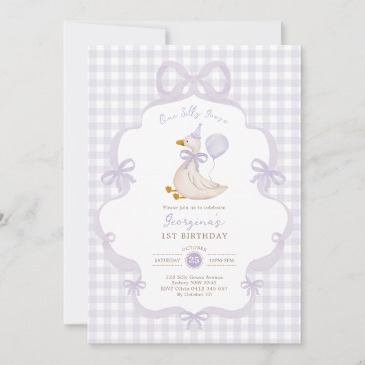 One Silly Goose Purple Bow Balloon 1st Birthday Kaart (Voorkant)