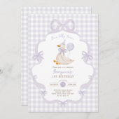 One Silly Goose Purple Bow Balloon 1st Birthday Kaart (Voorkant / Achterkant)