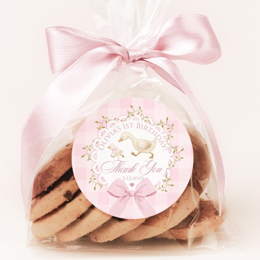One Silly Goose Roze Gingham Whimsical Dank je Ronde Sticker