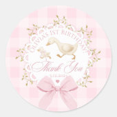 One Silly Goose Roze Gingham Whimsical Dank je Ronde Sticker (Voorkant)