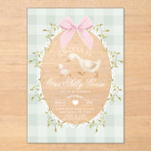 One Silly Goose Sage Gingham Bow girl 1st Birthday Acryl Uitnodigingen (Voorkant)