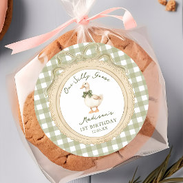 One Silly Goose Strik Gingham 1e Verjaardag Sticke Ronde Sticker