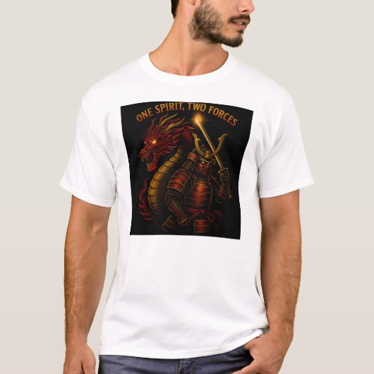 One Spirit, Two Forces | Samurai & Dragon T-shirt (Voorkant)