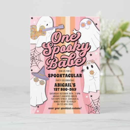 One Spooky Babe Retro Roze Halloween 1e verjaardag Kaart (Staand voorkant)