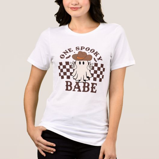 One Spooky Babe Schattige Western Cowgirl Boo Hall Tri-Blend Shirt (Voorkant)