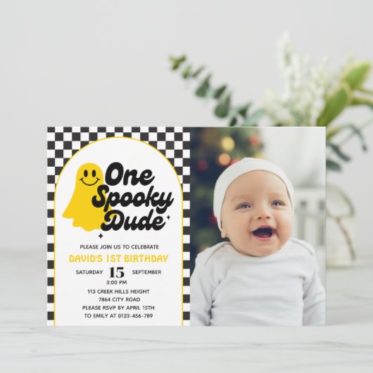 One Spooky Dude Groovy Ghost Eerste Verjaardag Kaart (Staand voorkant)
