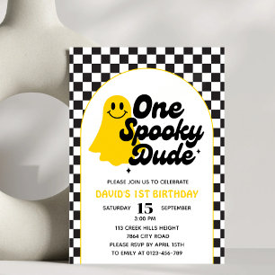One Spooky Dude Groovy Halloween Eerste Verjaardag Kaart