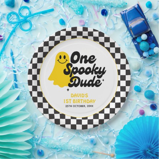 One Spooky Dude Groovy Halloween Eerste Verjaardag Papieren Bordje (Feest)