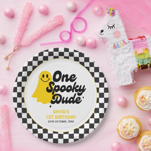 One Spooky Dude Groovy Halloween Eerste Verjaardag Papieren Bordje (Feest)