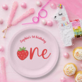 One Strawberry Birthday Pink Papieren Bordje (Feest)