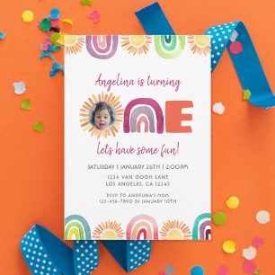 ONE Sunshine Rainbow 1st Birthday Waterverf Foto Kaart