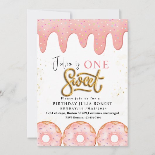 One Sweet 1nd Donut roze crème verjaardagsfeestje  Kaart (Voorkant)